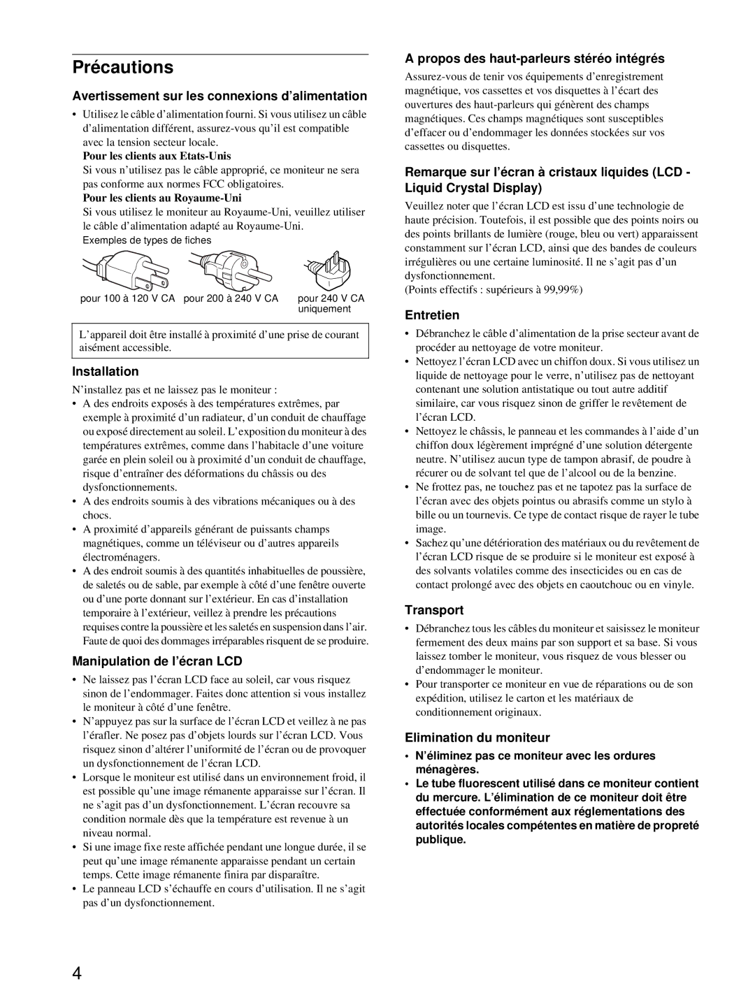 Sony SDM-X52, SDM-X72, SDM-X82 manual Précautions 