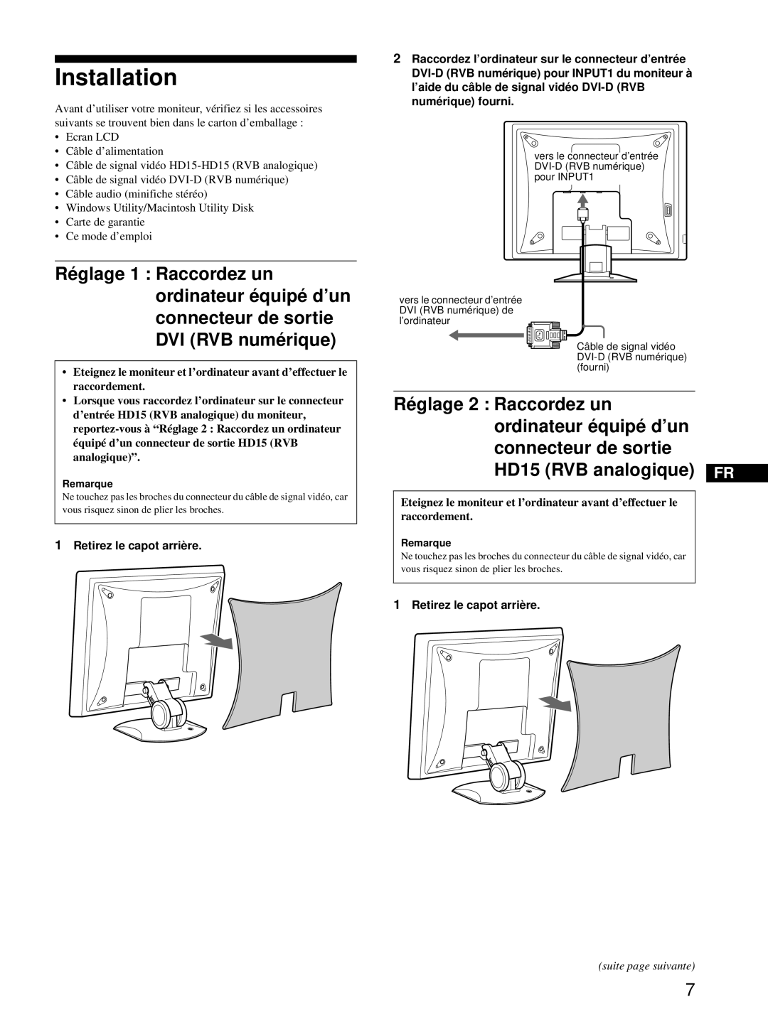 Sony SDM-X52, SDM-X72, SDM-X82 manual Installation, Retirez le capot arrière, Remarque 