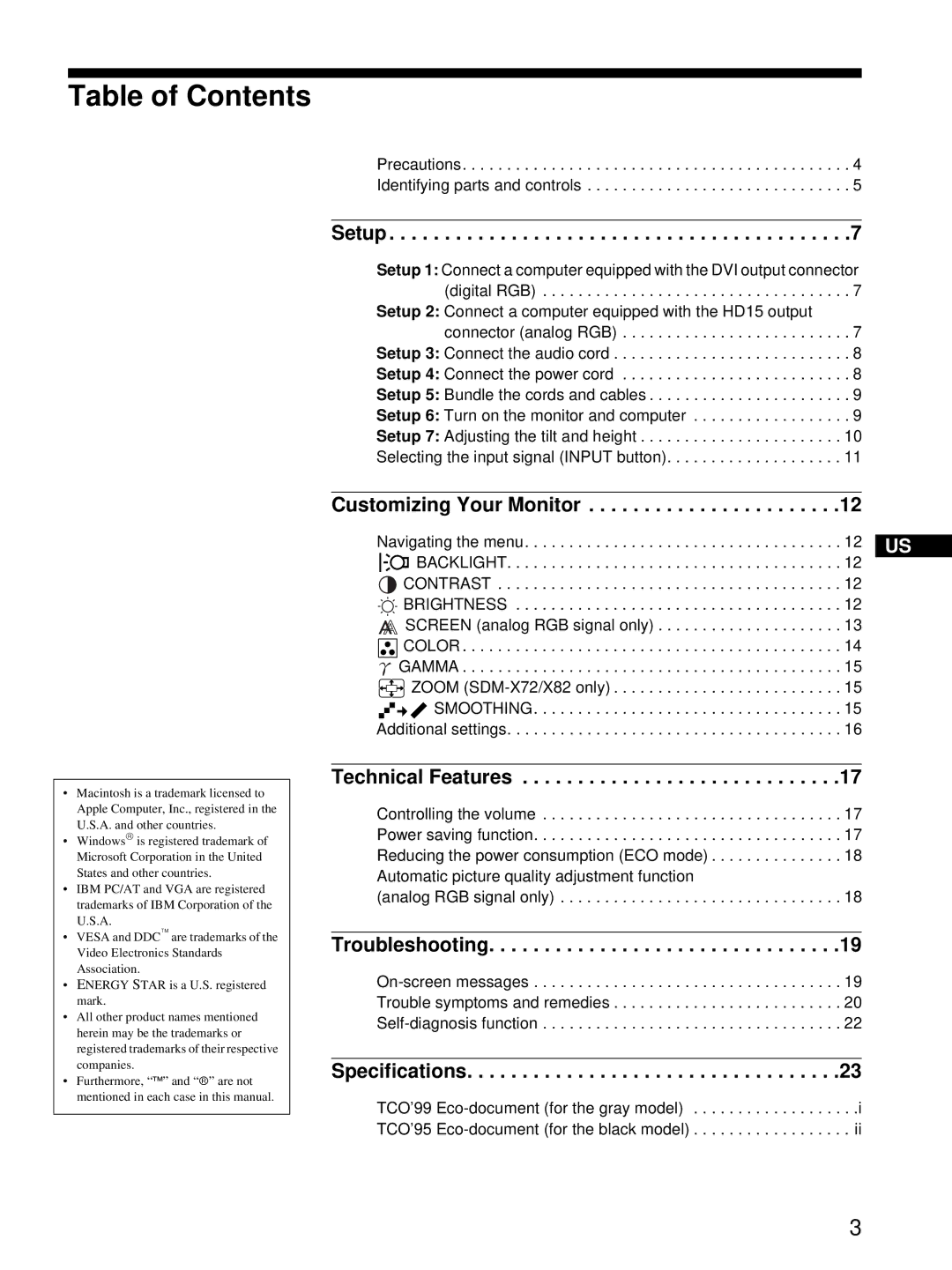 Sony SDM-X52, SDM-X72, SDM-X82 manual Table of Contents 