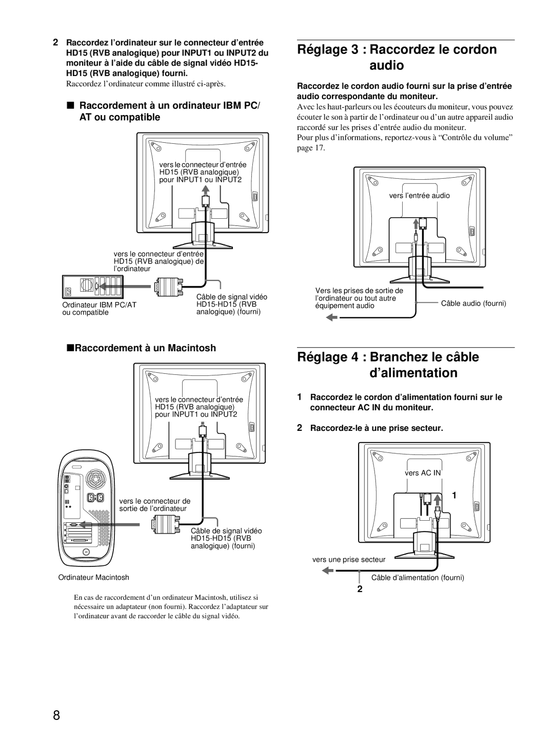 Sony SDM-X82, SDM-X72 manual Réglage 3 Raccordez le cordon audio, Raccordement à un ordinateur IBM PC AT ou compatible 