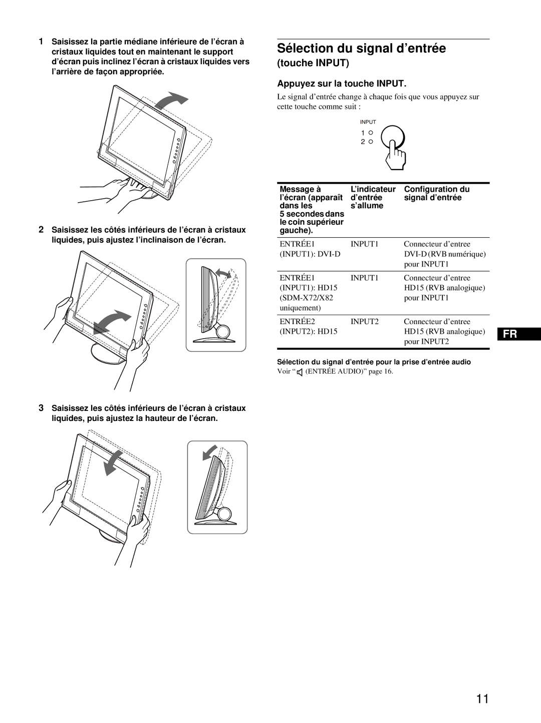 Sony SDM-X52, SDM-X72, SDM-X82 manual Sélection du signal d’entrée, Touche Input, Appuyez sur la touche Input 