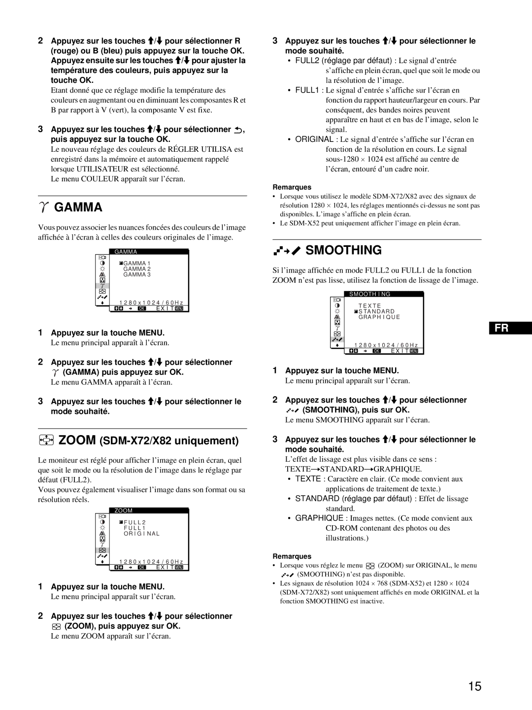 Sony SDM-X52, SDM-X72, SDM-X82 manual Zoom SDM-X72/X82 uniquement, Remarques 