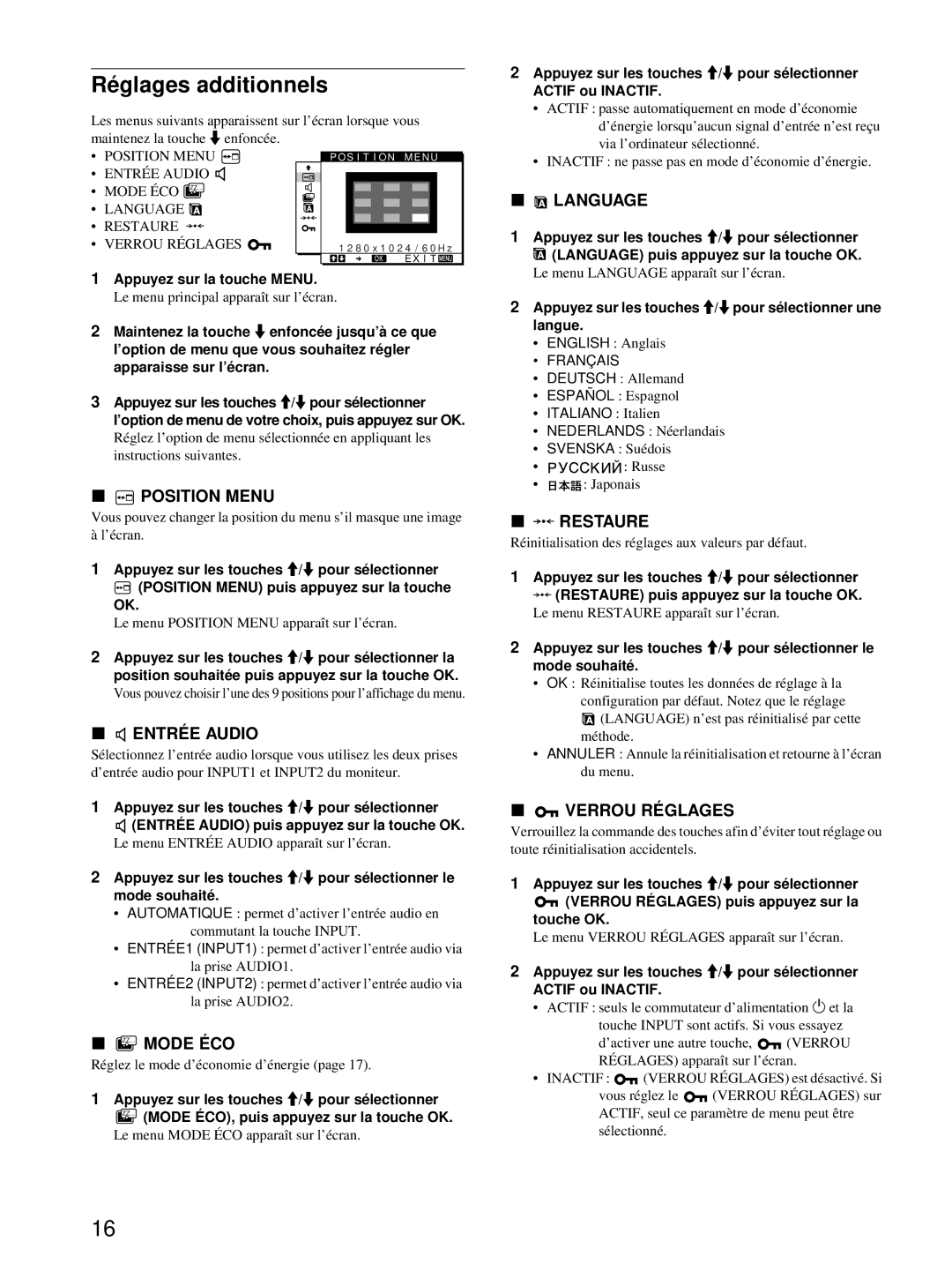 Sony SDM-X52, SDM-X72, SDM-X82 manual Réglages additionnels 