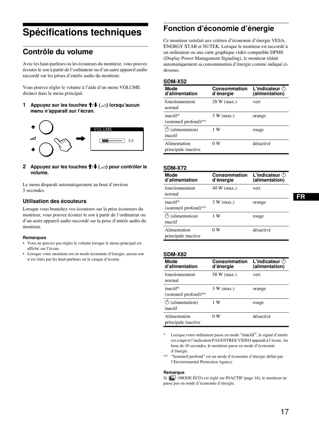 Sony SDM-X82 manual Spécifications techniques, Contrôle du volume, Fonction d’économie d’énergie, Utilisation des écouteurs 