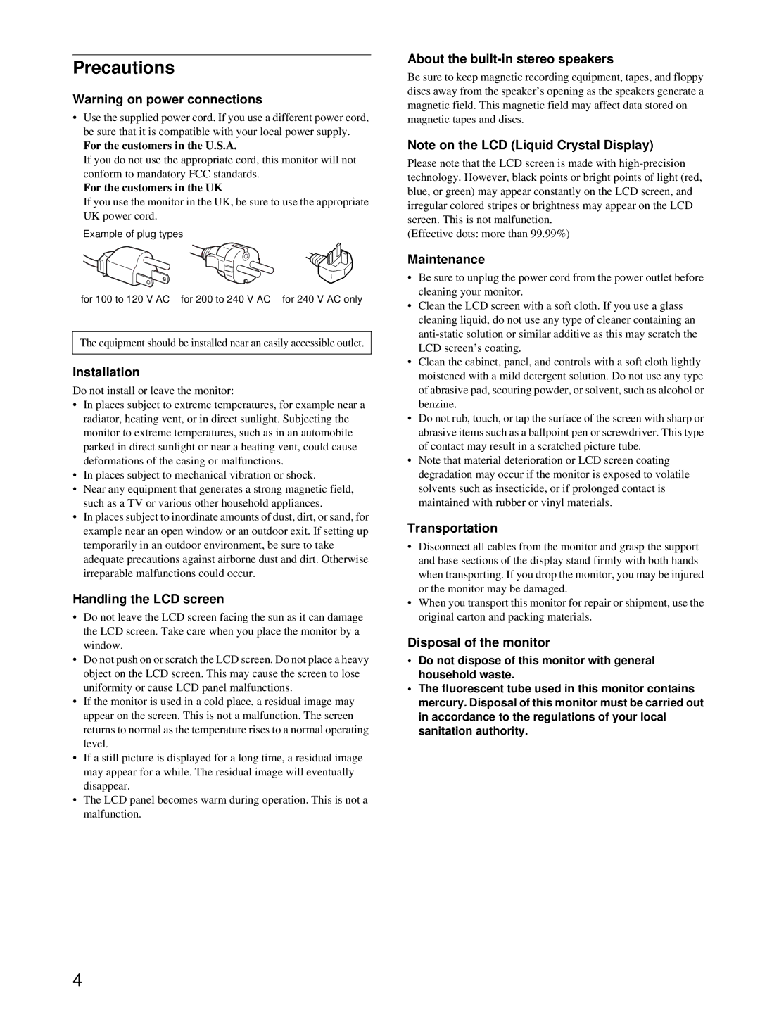 Sony SDM-X52, SDM-X72, SDM-X82 manual Precautions 