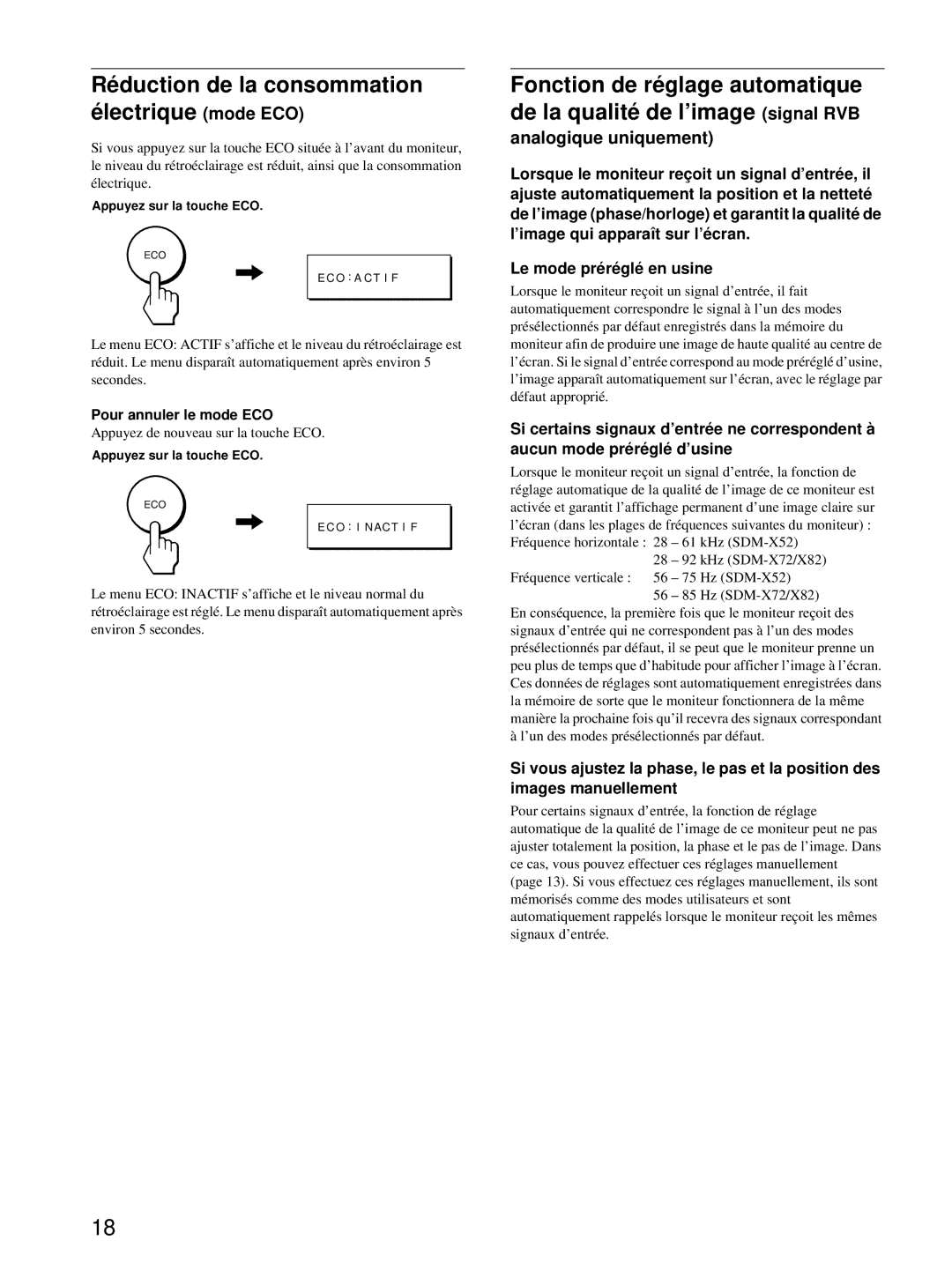 Sony SDM-X52, SDM-X72, SDM-X82 manual Analogique uniquement, Pour annuler le mode ECO, Appuyez sur la touche ECO 