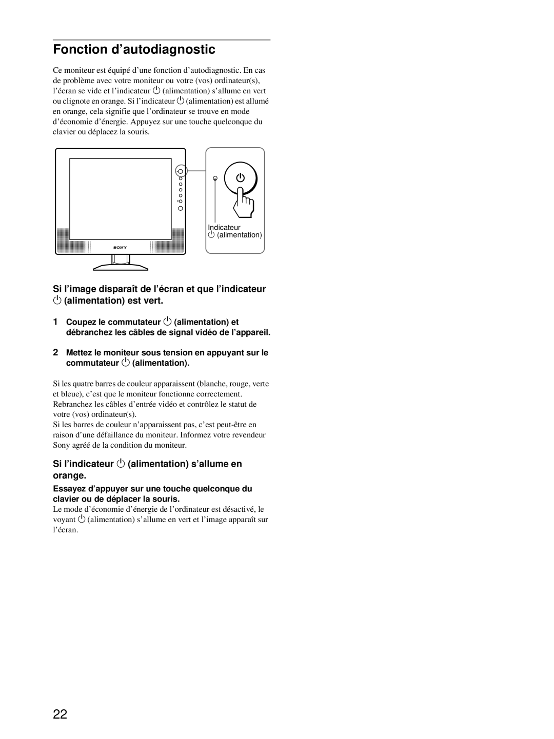 Sony SDM-X52, SDM-X72, SDM-X82 manual Fonction d’autodiagnostic, Si l’indicateur 1 alimentation s’allume en orange 