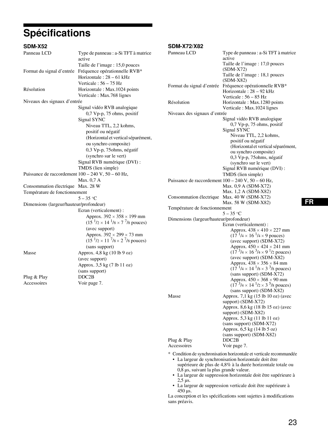 Sony SDM-X52, SDM-X72, SDM-X82 manual Spécifications, SDM-X72/X82 