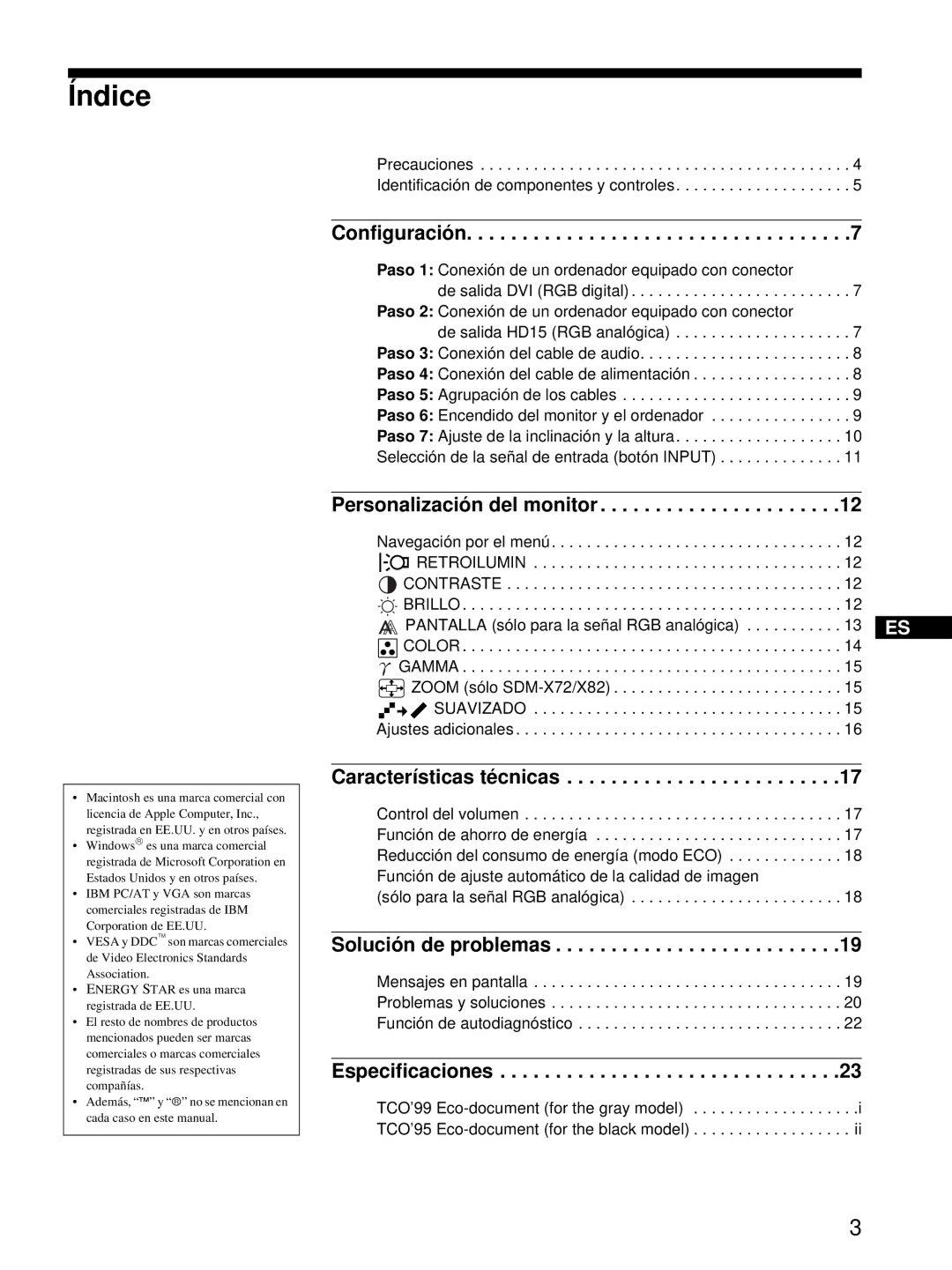 Sony SDM-X52, SDM-X72, SDM-X82 manual Índice, Configuración 