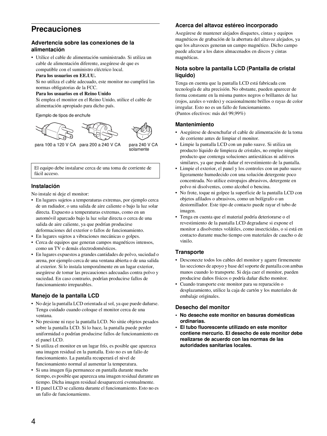 Sony SDM-X52, SDM-X72, SDM-X82 manual Precauciones 