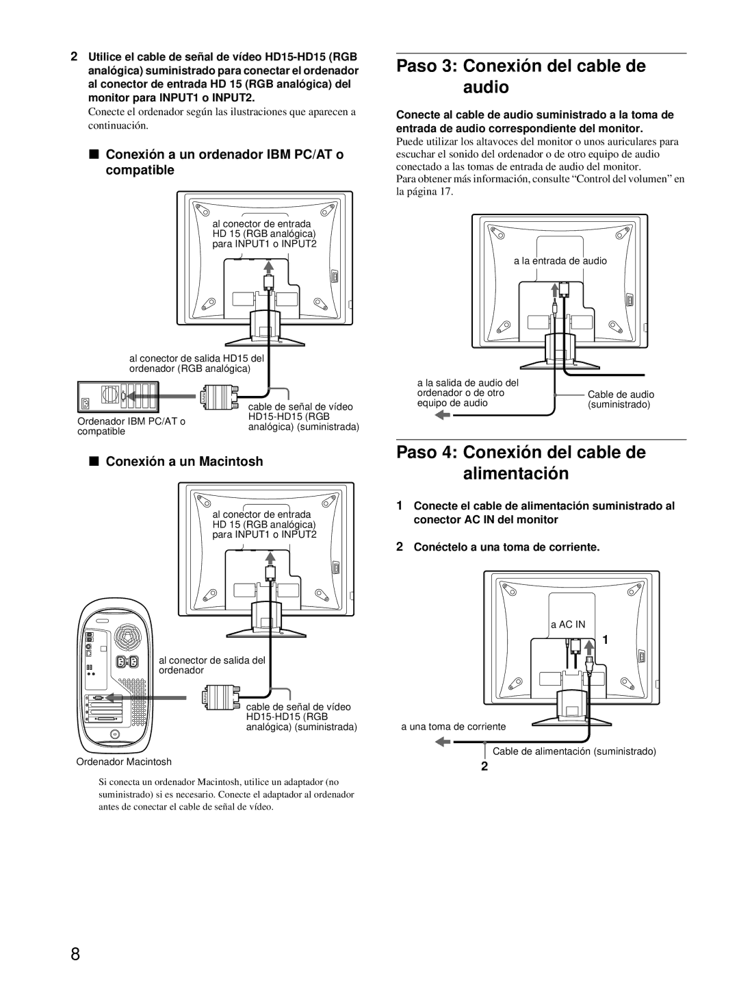 Sony SDM-X72 manual Paso 3 Conexión del cable de audio, Paso 4 Conexión del cable de alimentación, Conexión a un Macintosh 