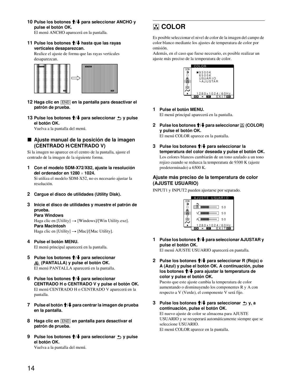 Sony SDM-X72, SDM-X82 Ajuste manual de la posición de la imagen, Ajuste más preciso de la temperatura de color 