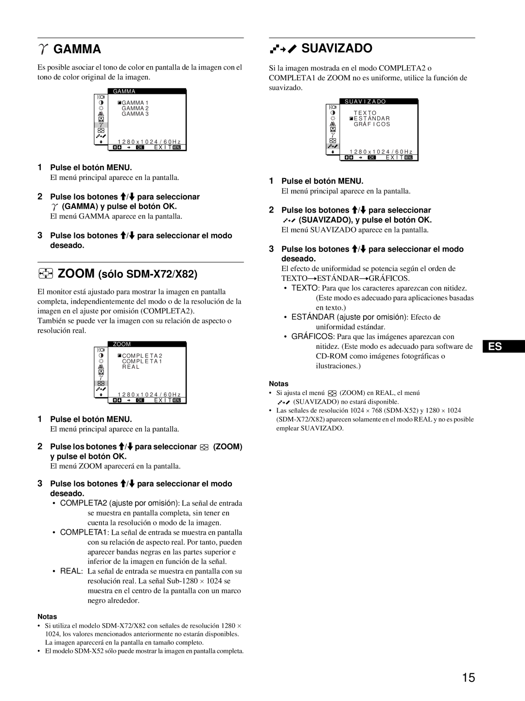 Sony SDM-X52, SDM-X72, SDM-X82 manual Suavizado, Pulse los botones M/m para seleccionar el modo deseado, Notas 