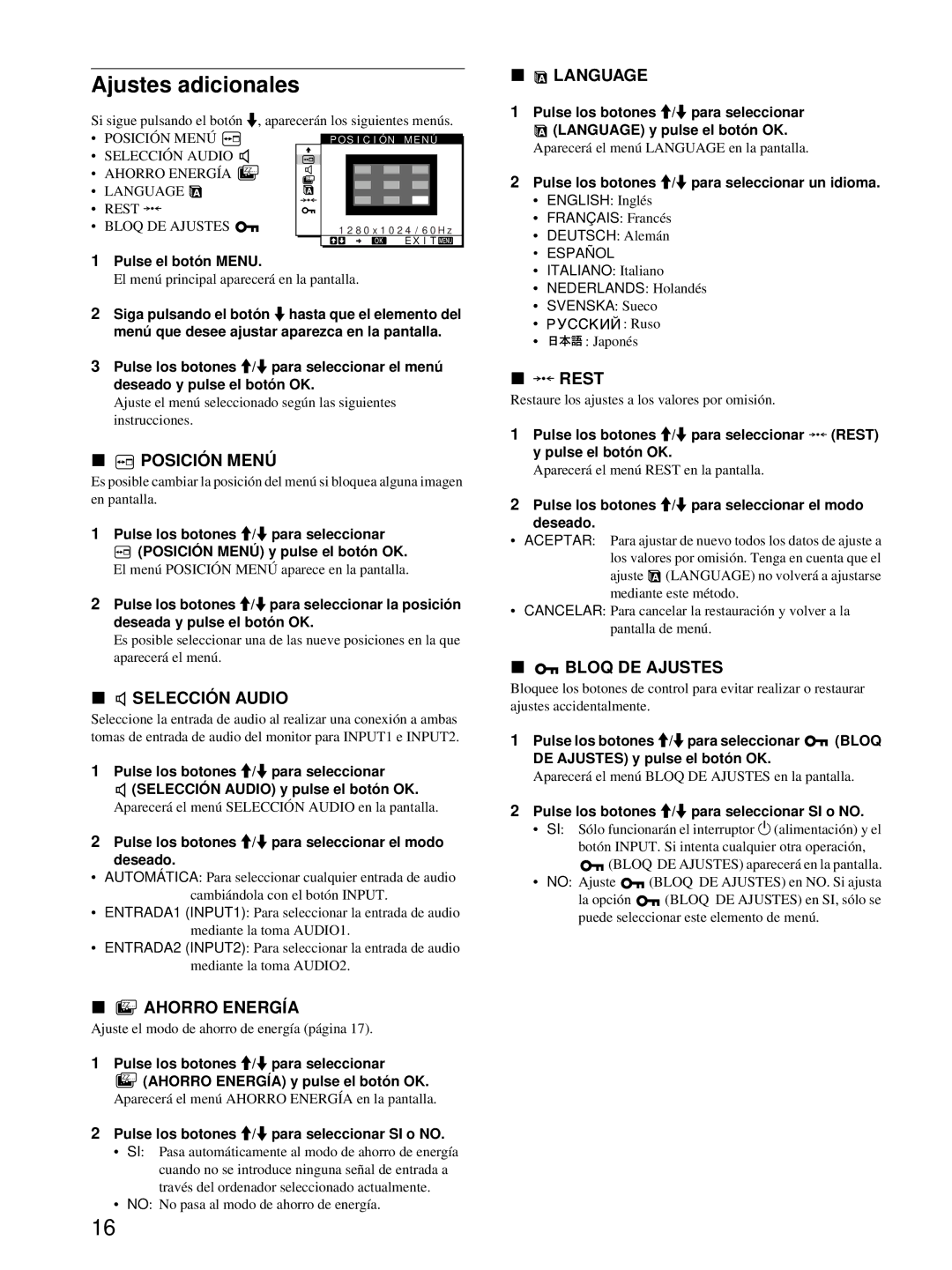 Sony SDM-X52, SDM-X72, SDM-X82 manual Ajustes adicionales 