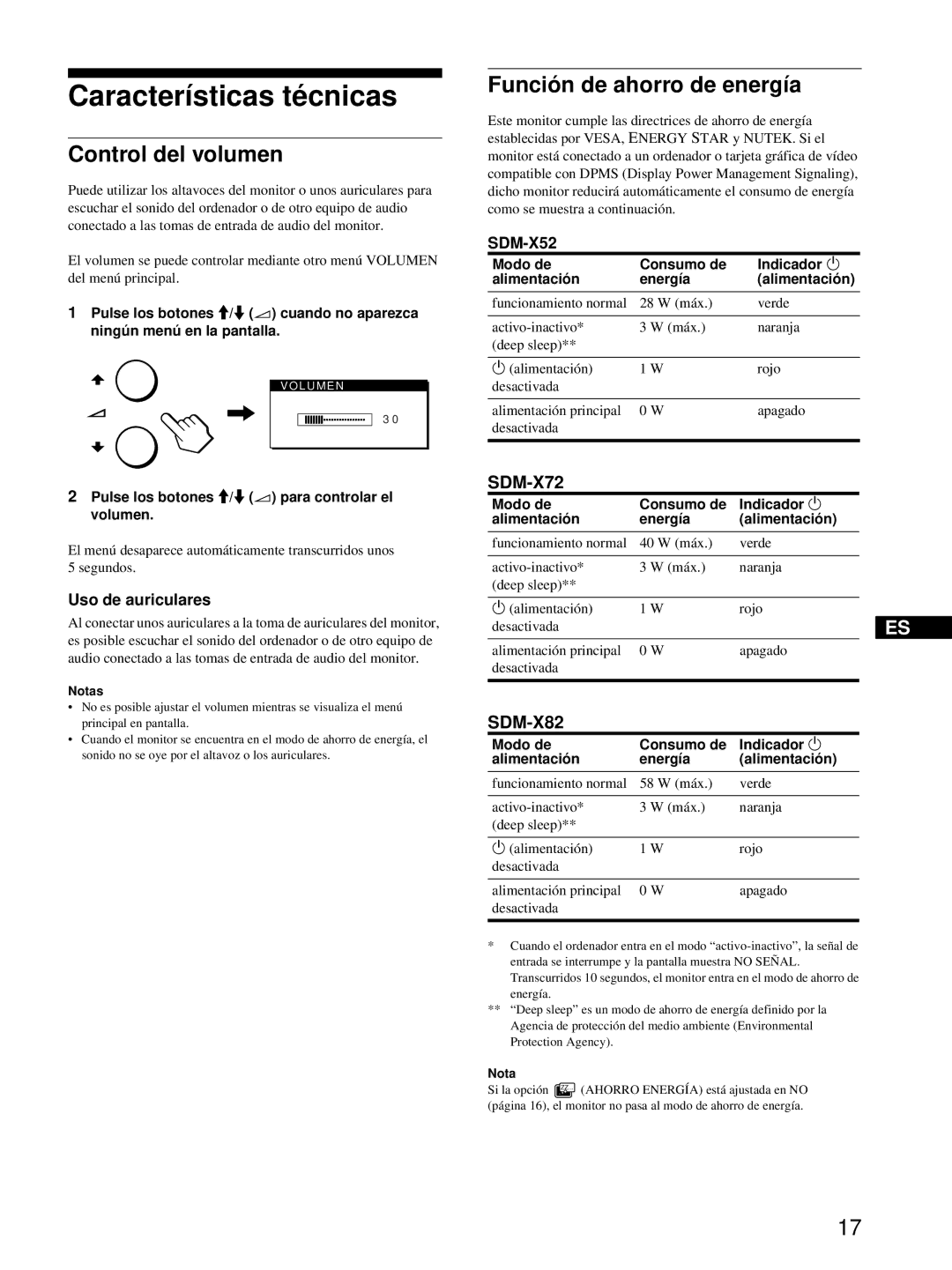 Sony SDM-X72, SDM-X82 manual Características técnicas, Control del volumen, Función de ahorro de energía, Uso de auriculares 