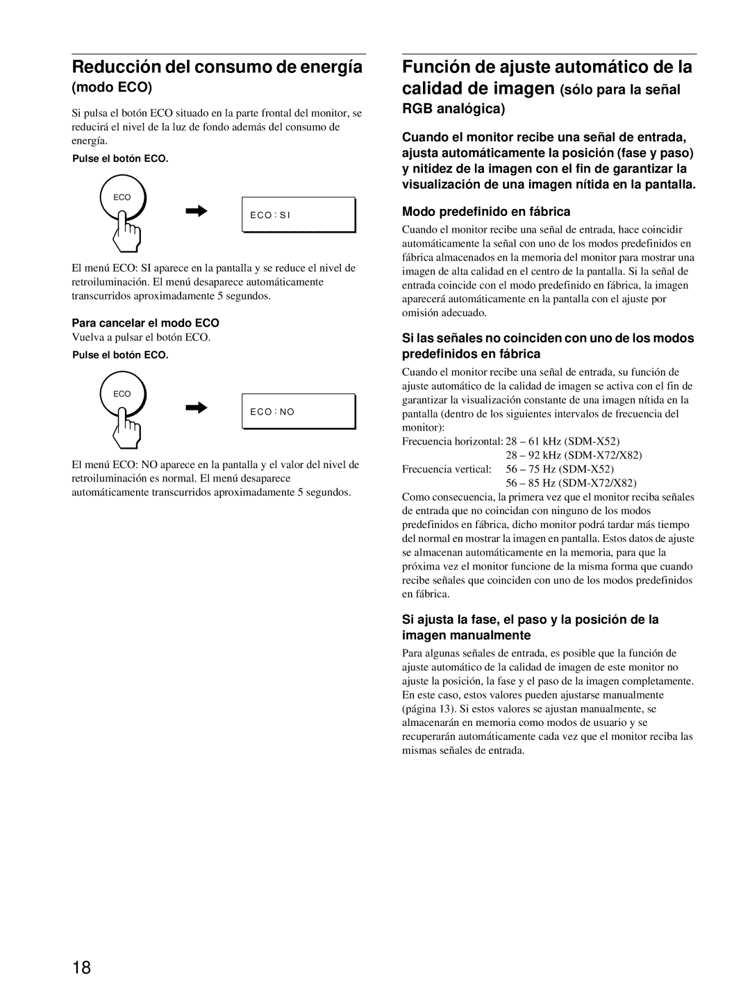 Sony SDM-X52, SDM-X72, SDM-X82 manual Reducción del consumo de energía, Función de ajuste automático de la, Modo ECO 