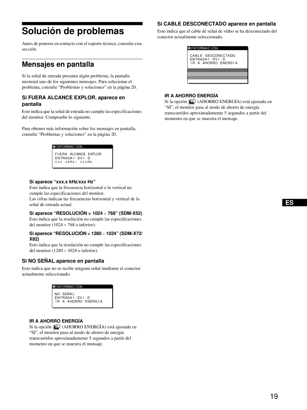 Sony SDM-X82, SDM-X72 manual Solución de problemas, Mensajes en pantalla, Si Fuera Alcance EXPLOR. aparece en pantalla 