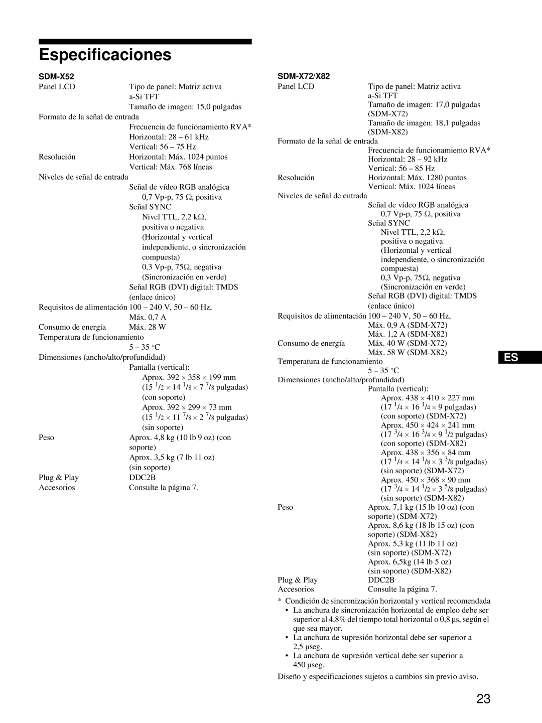 Sony SDM-X52, SDM-X72, SDM-X82 manual Especificaciones, SDM-X72/X82 