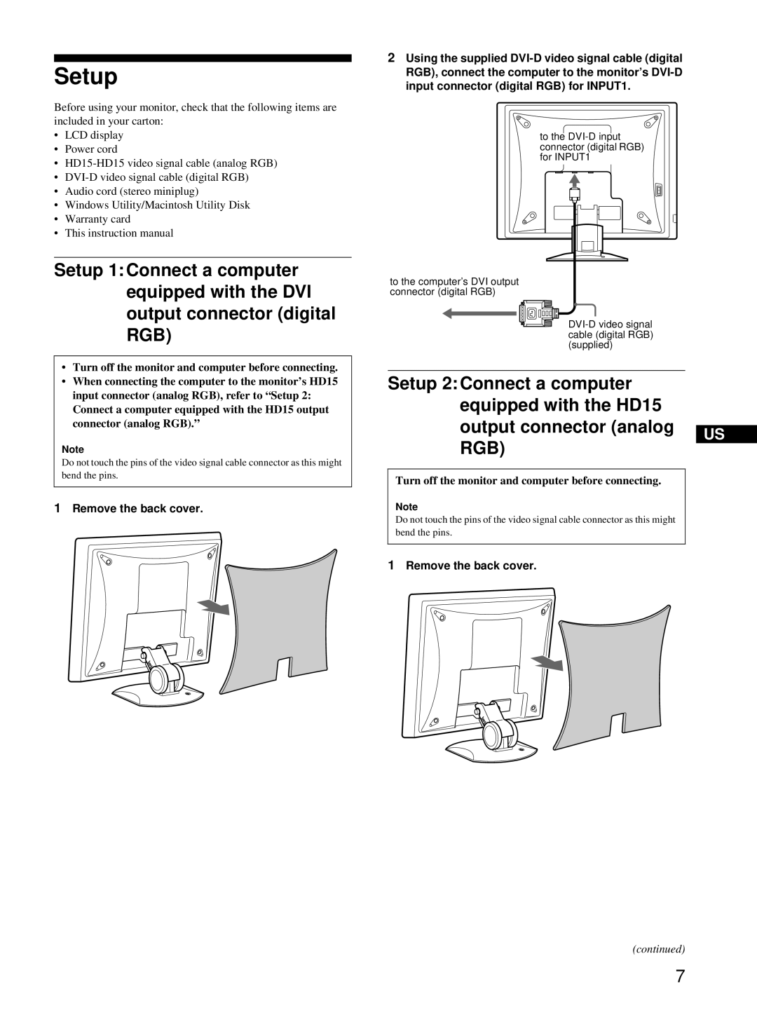 Sony SDM-X52, SDM-X72, SDM-X82 manual Setup, Rgb, Remove the back cover 