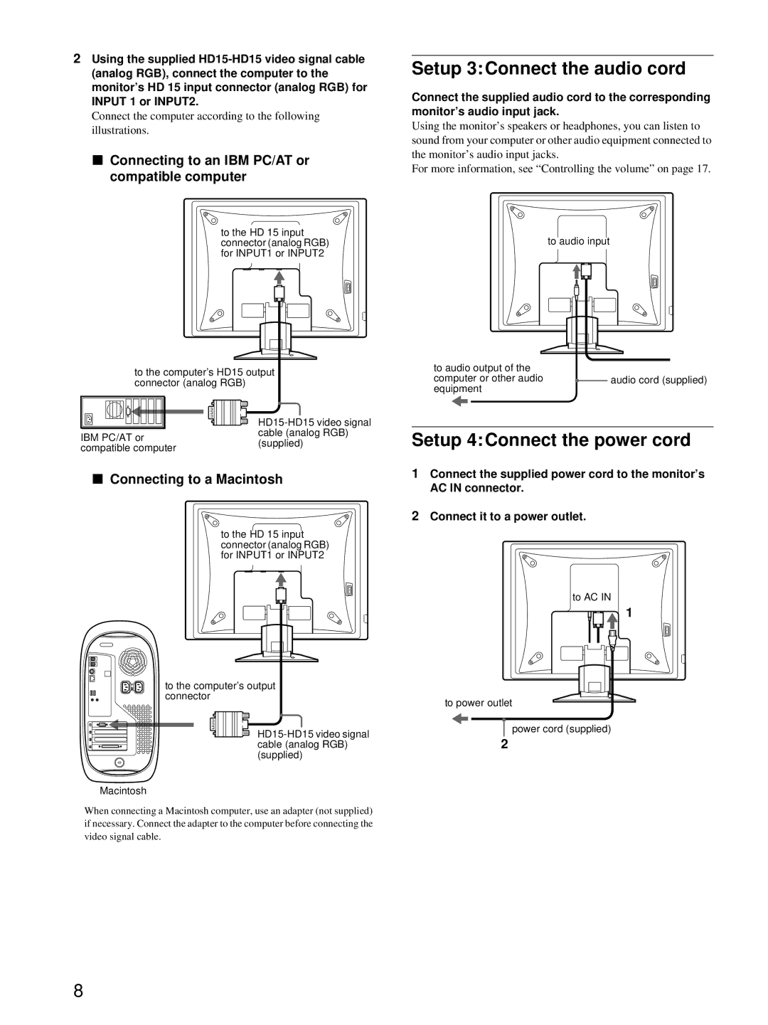 Sony SDM-X52, SDM-X72, SDM-X82 Setup 3Connect the audio cord, Setup 4Connect the power cord, Connecting to a Macintosh 