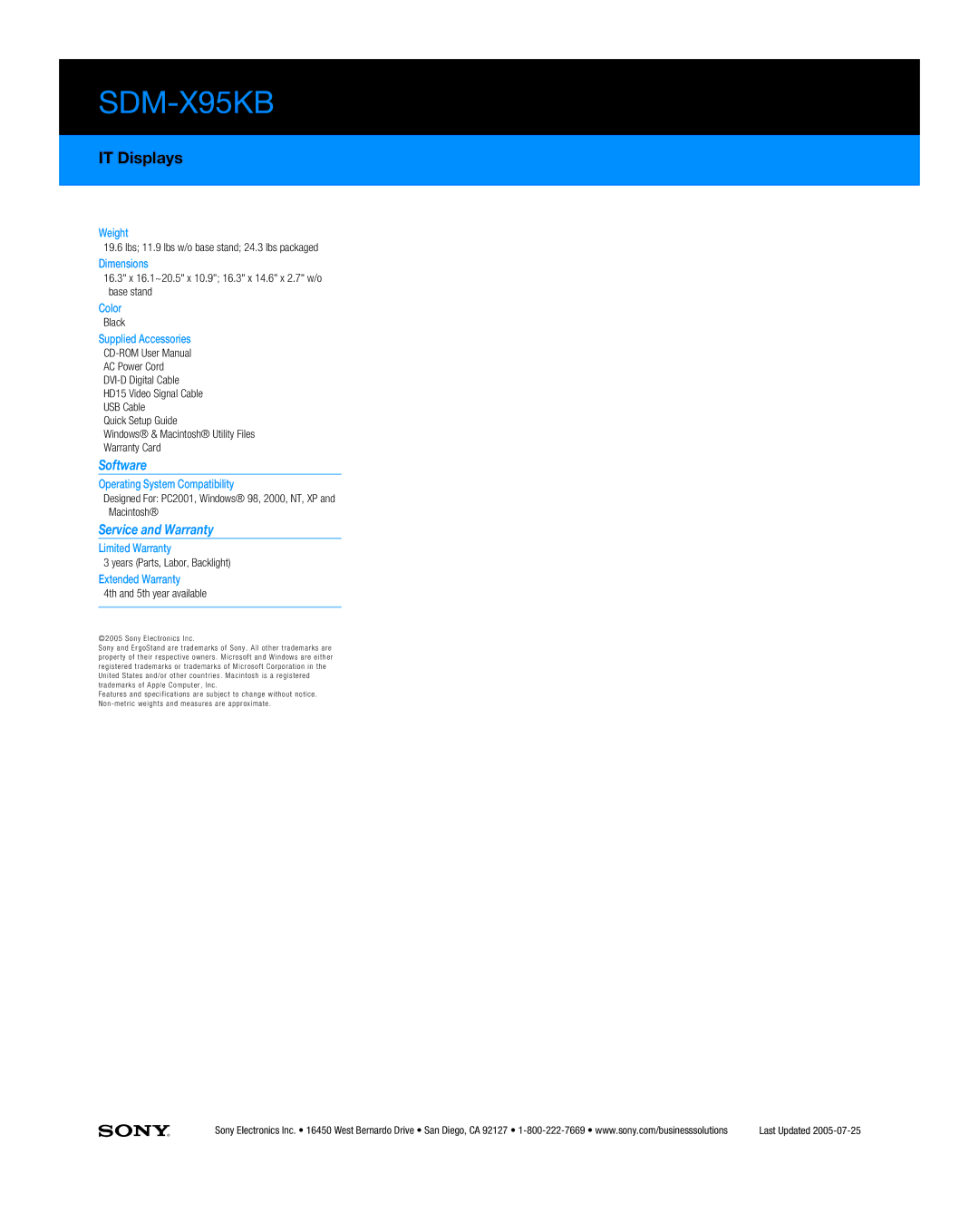 Sony SDM-X95KB manual Software, Service and Warranty 