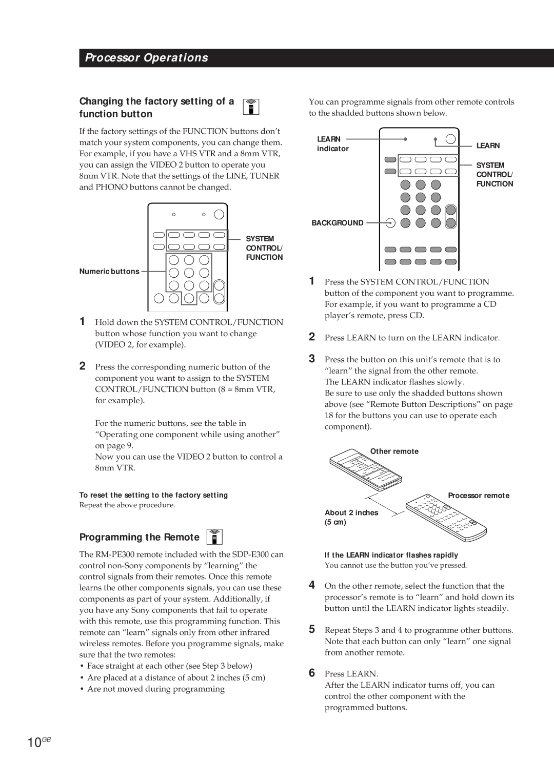 Sony SDP-E300 operating instructions 10GB, Changing the factory setting of a function button, Programming the Remote 