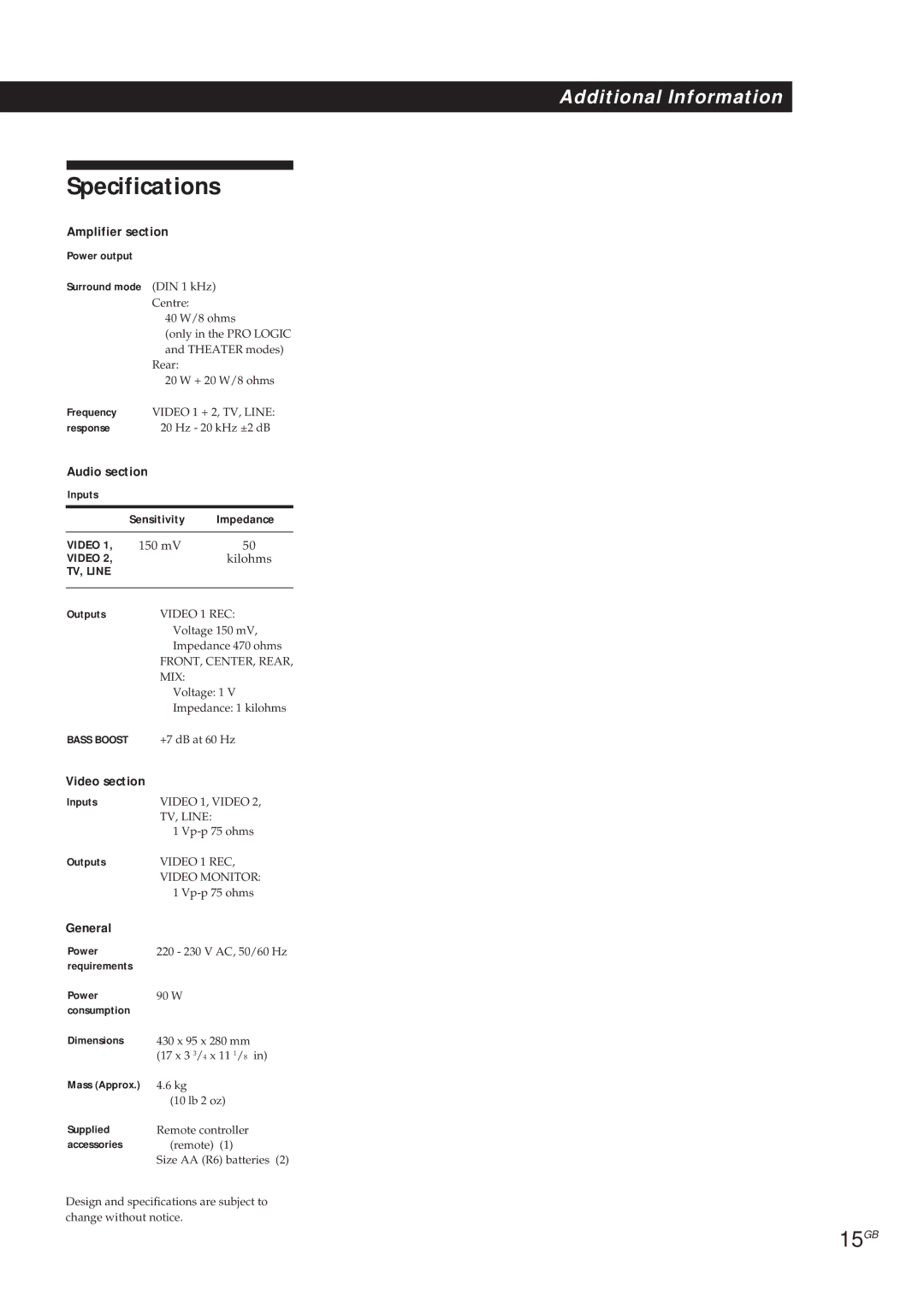 Sony SDP-E300 operating instructions Specifications, 15GB 