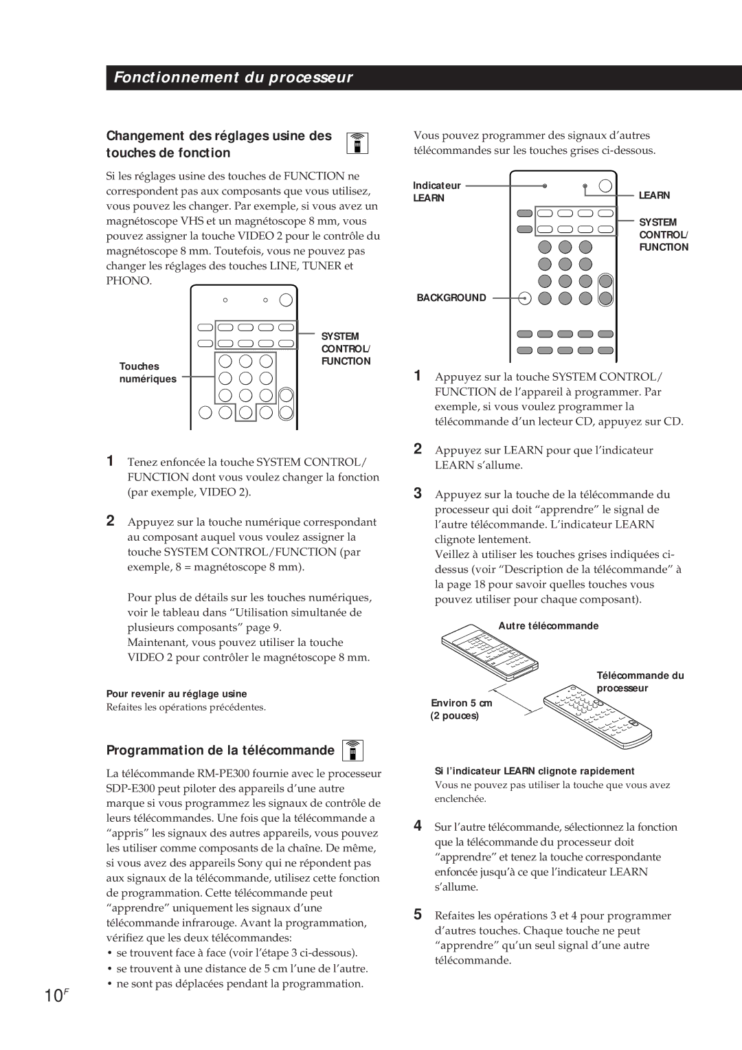 Sony SDP-E300 10F, Changement des réglages usine des touches de fonction, Programmation de la télécommande 