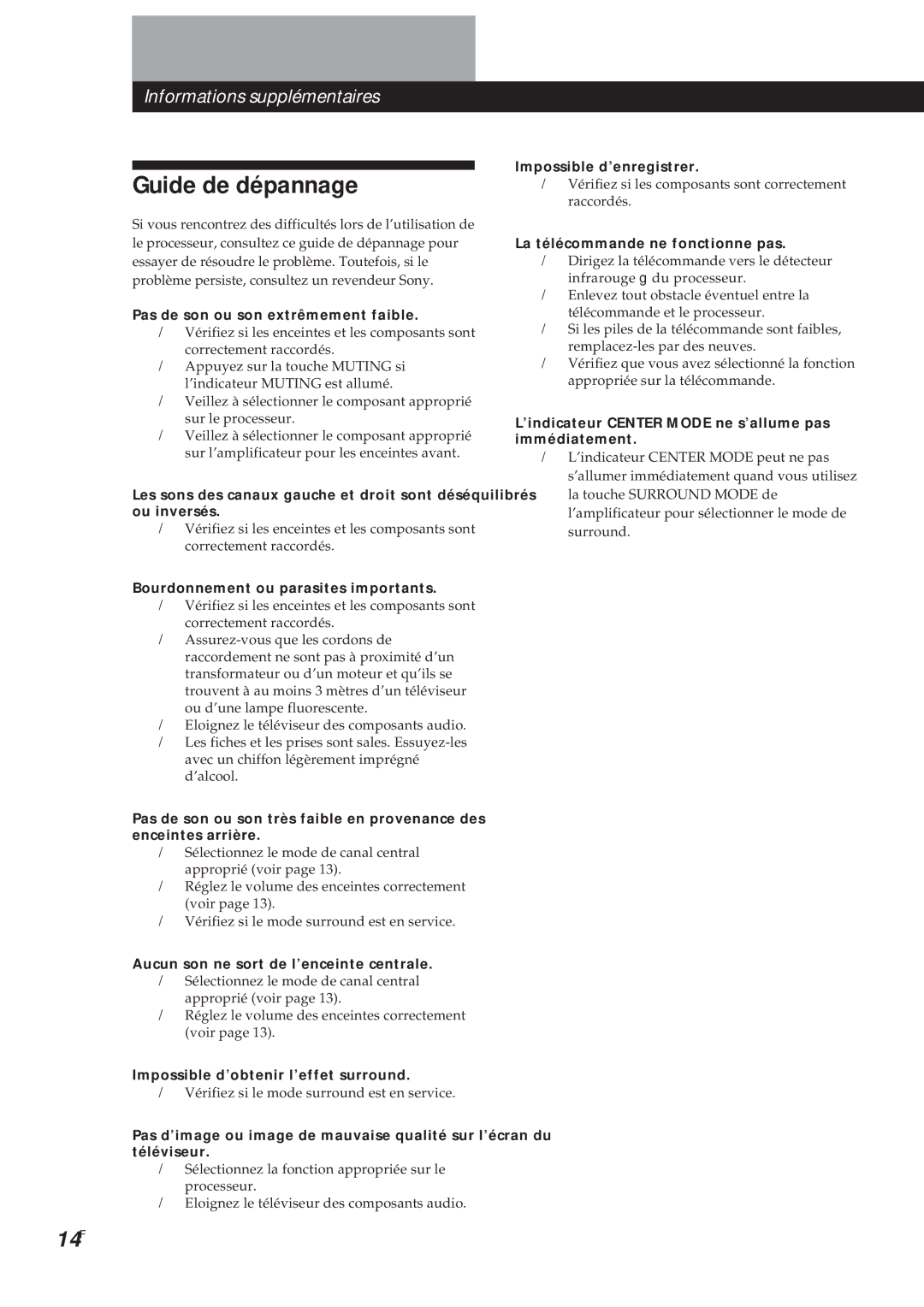 Sony SDP-E300 operating instructions Guide de dépannage, 14F 