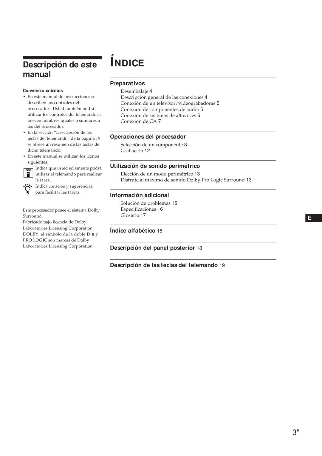 Sony SDP-E300 Descripción de este manual, Preparativos, Operaciones del procesador, Utilización de sonido perimétrico 