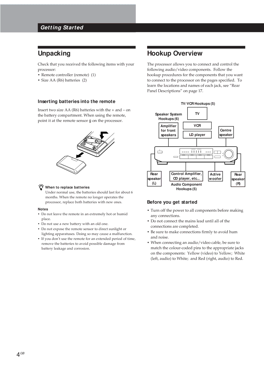 Sony SDP-E300 Unpacking, Hookup Overview, Inserting batteries into the remote, Before you get started 