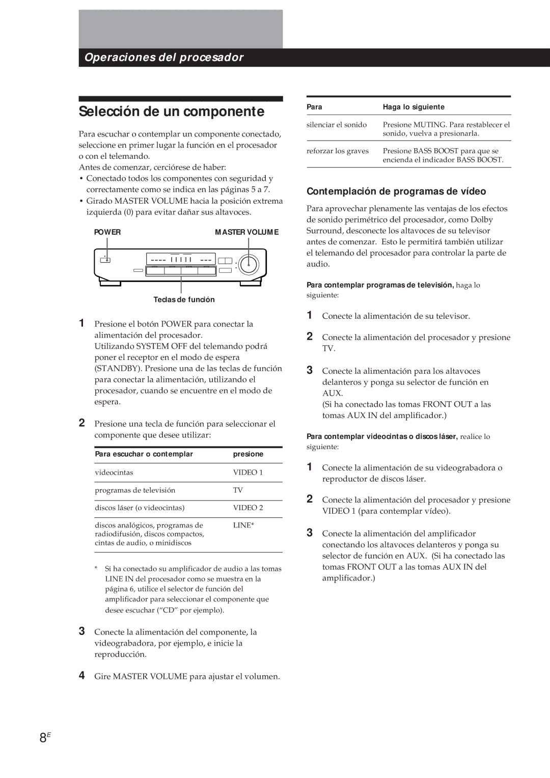 Sony SDP-E300 Selección de un componente, Contemplación de programas de vídeo, Para escuchar o contemplar Presione 