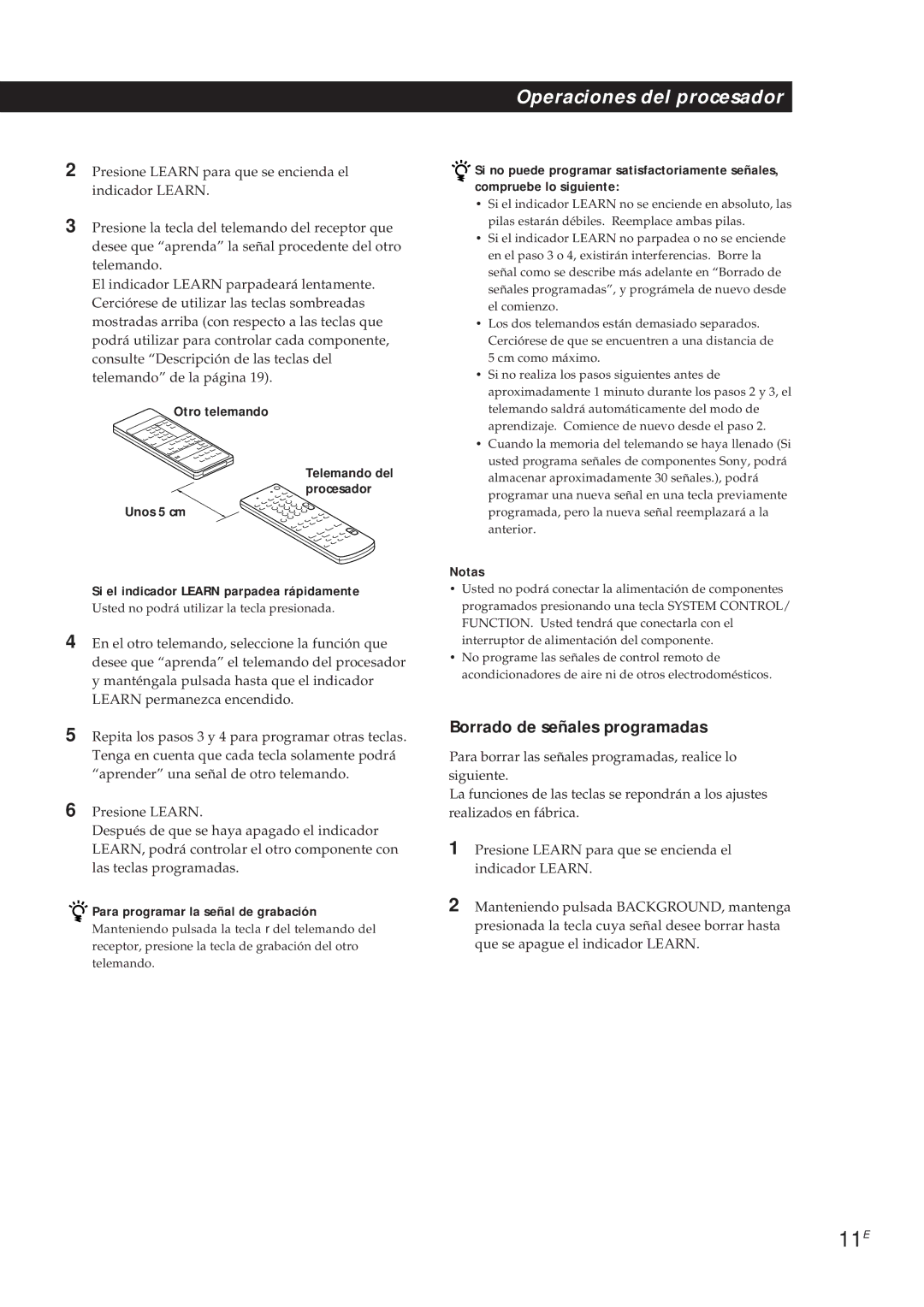 Sony SDP-E300 operating instructions 11E, Borrado de señales programadas, Si el indicador Learn parpadea rápidamente 