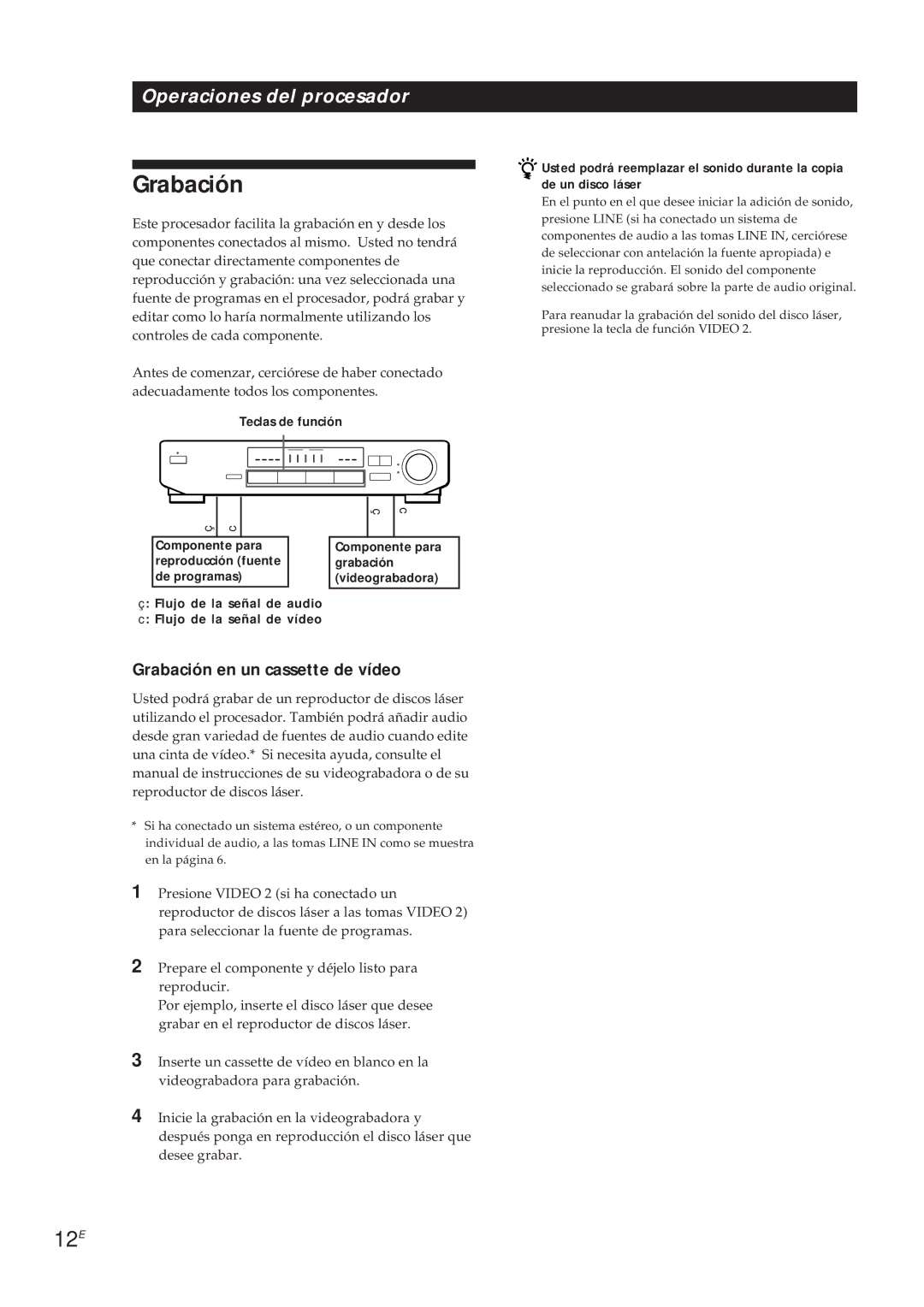 Sony SDP-E300 operating instructions 12E, Grabación en un cassette de vídeo 