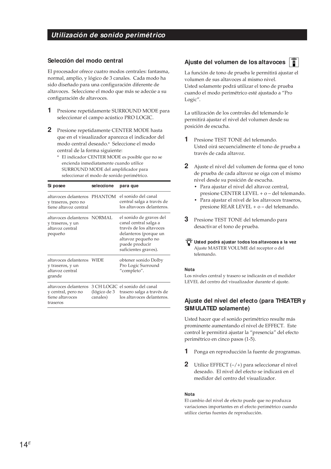 Sony SDP-E300 operating instructions 14E, Selección del modo central, Ajuste del volumen de los altavoces 