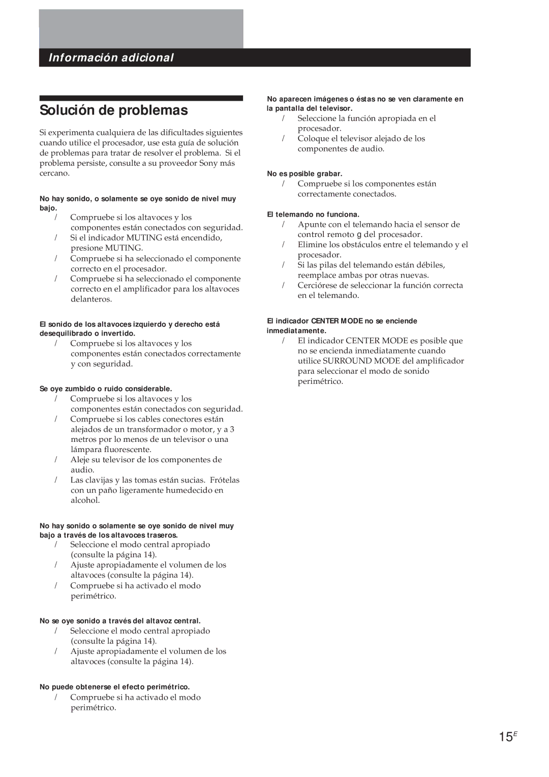 Sony SDP-E300 operating instructions Solución de problemas, 15E 