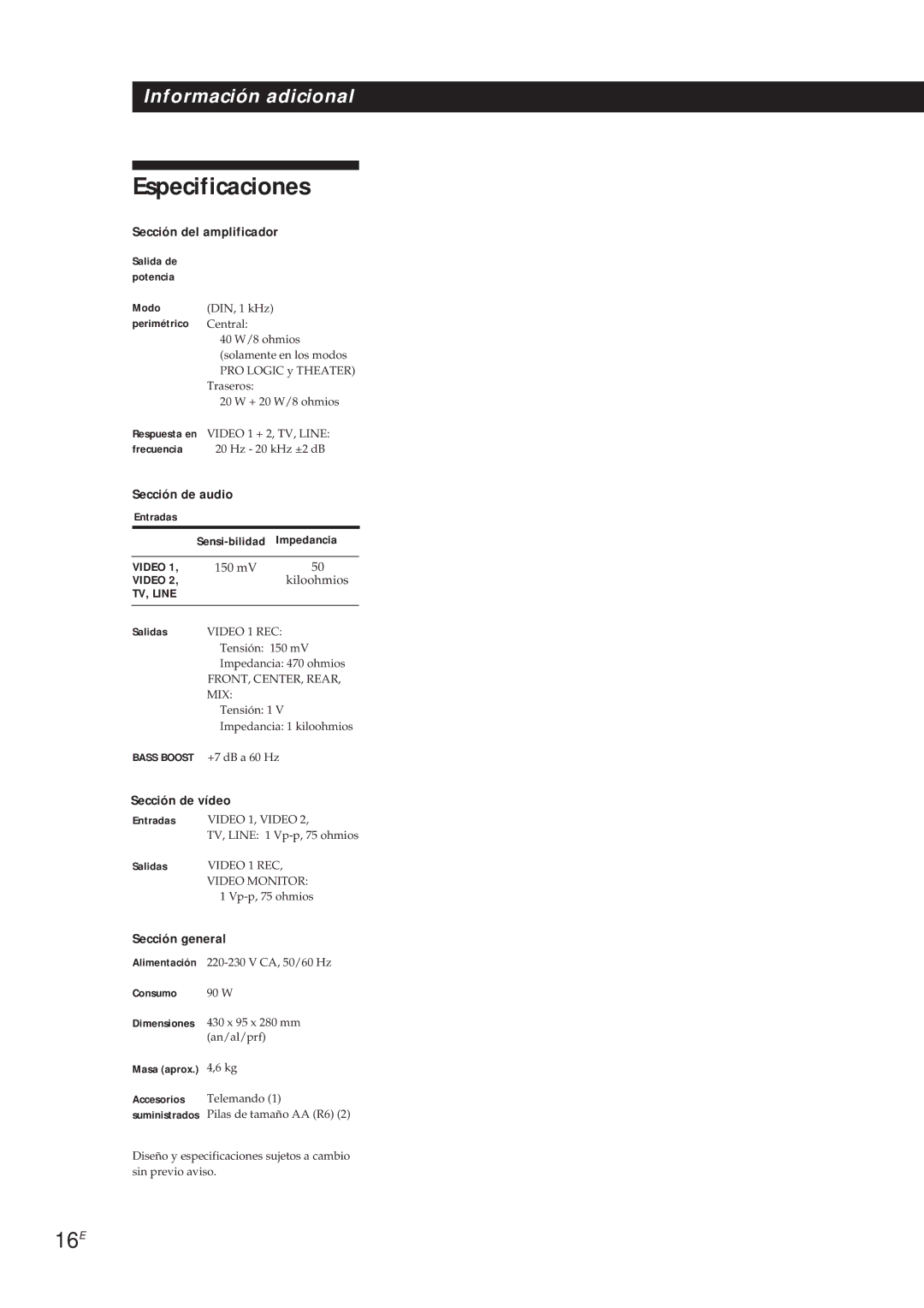 Sony SDP-E300 operating instructions Especificaciones, 16E 