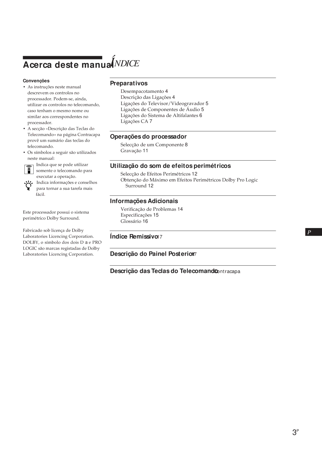 Sony SDP-E300 Acerca deste manual, Operações do processador, Utilização do som de efeitos perimétricos, Convenções 