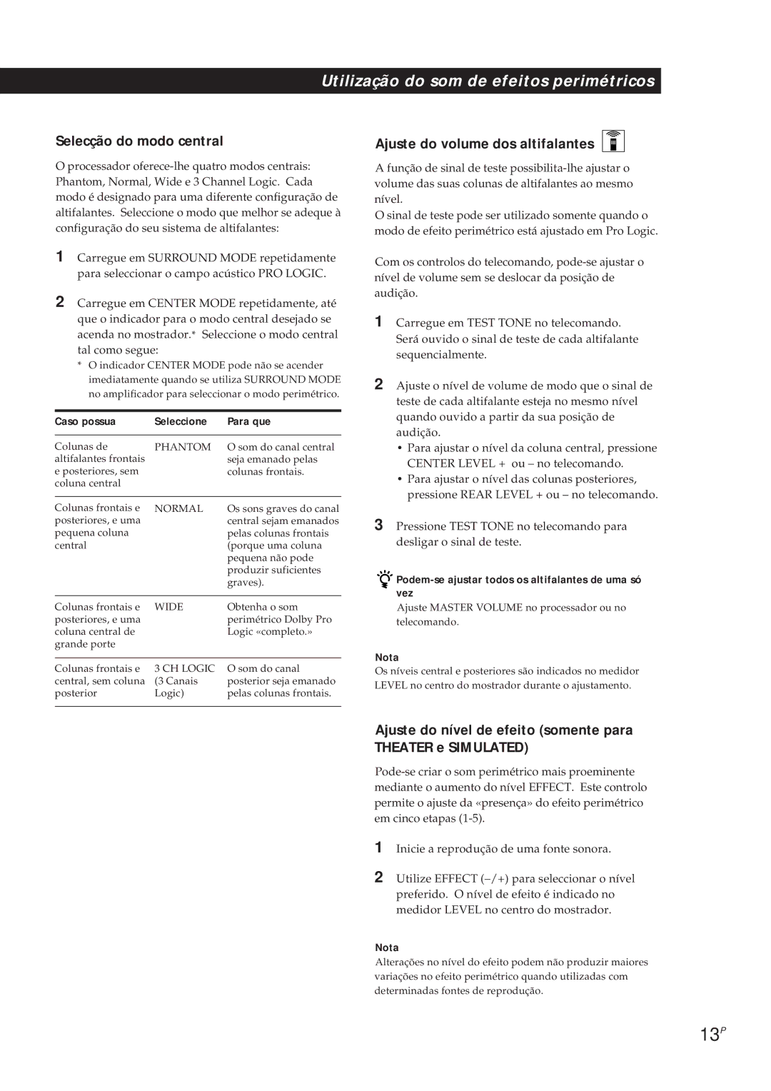 Sony SDP-E300 operating instructions 13P, Selecção do modo central, Ajuste do volume dos altifalantes 