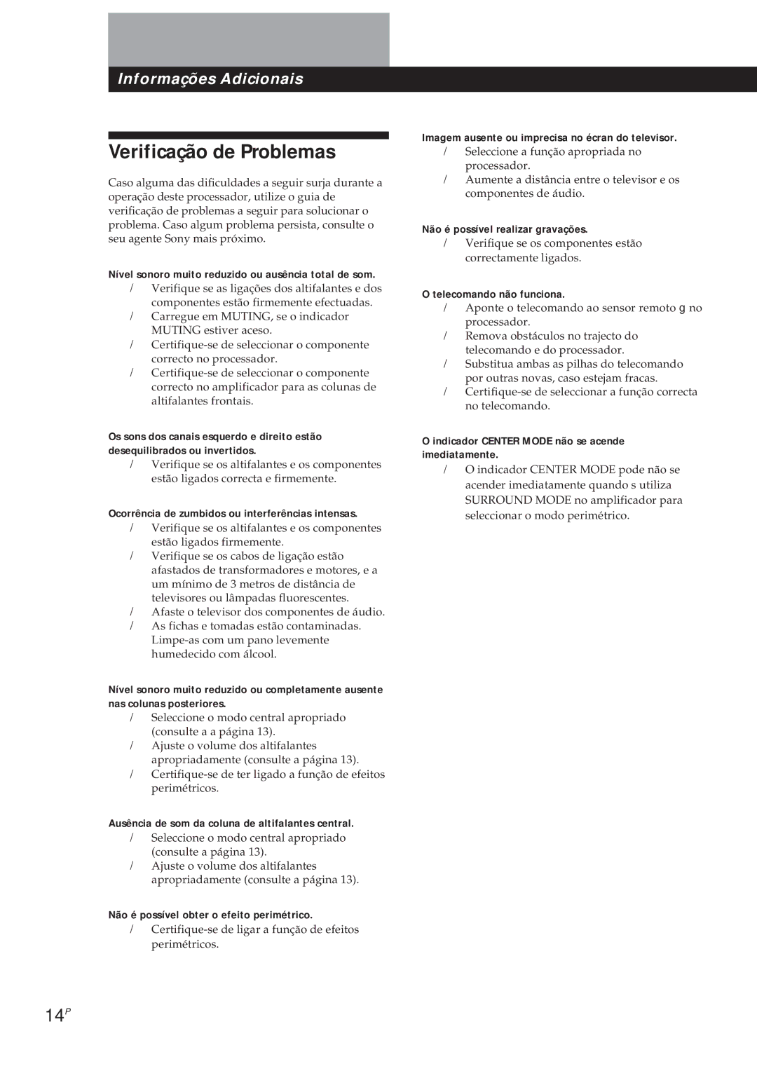 Sony SDP-E300 operating instructions Verificação de Problemas, 14P 