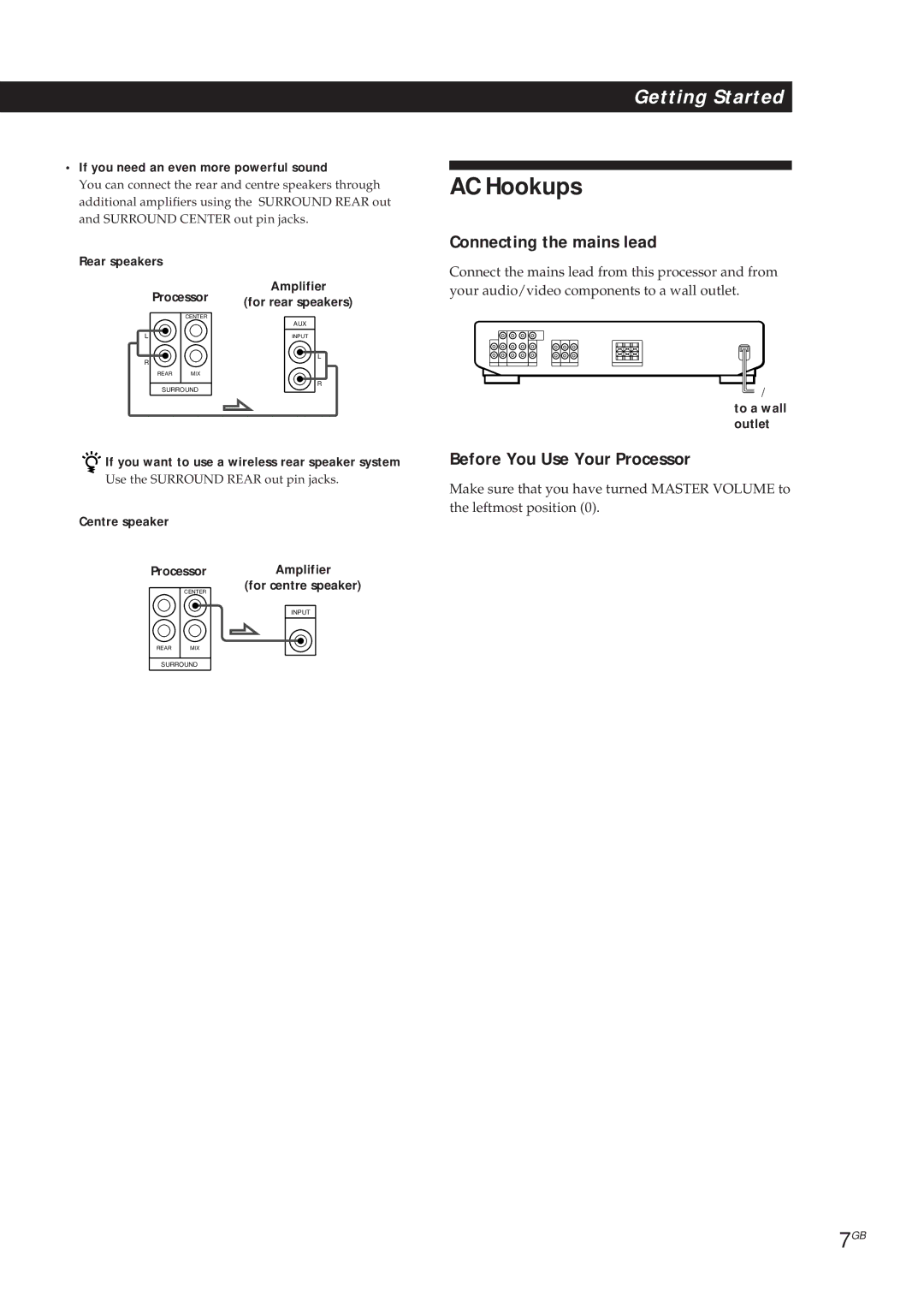 Sony SDP-E300 operating instructions AC Hookups, Connecting the mains lead, Before You Use Your Processor 