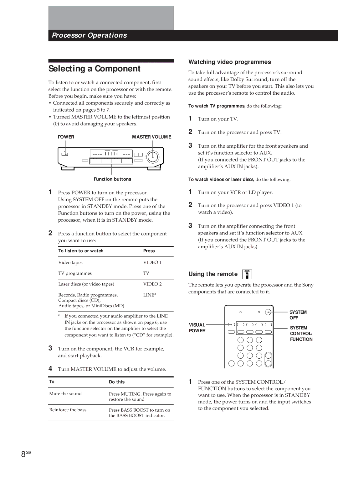 Sony SDP-E300 Selecting a Component, Watching video programmes, Using the remote, To listen to or watch Press, Do this 