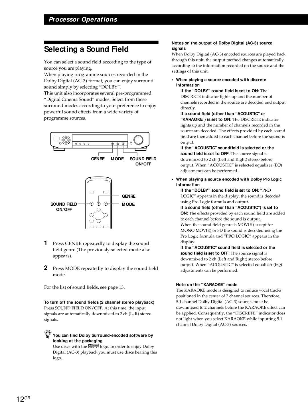 Sony SDP-E800 operating instructions Selecting a Sound Field, 12GB, To turn off the sound fields 2 channel stereo playback 