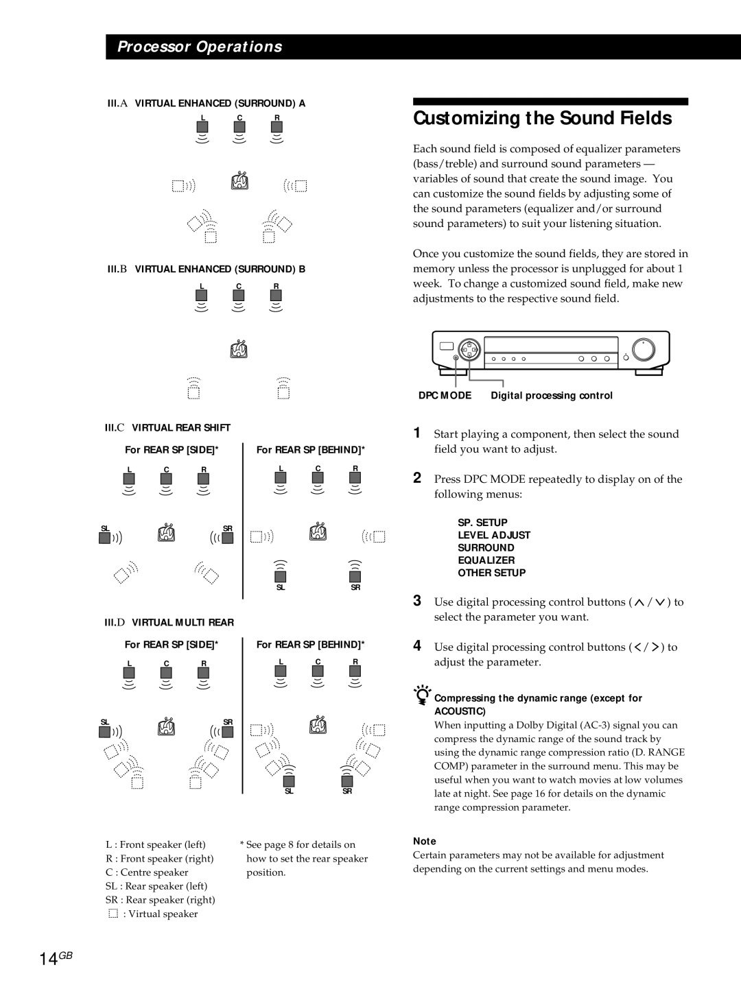 Sony SDP-E800 operating instructions Customizing the Sound Fields, 14GB, Compressing the dynamic range except for 