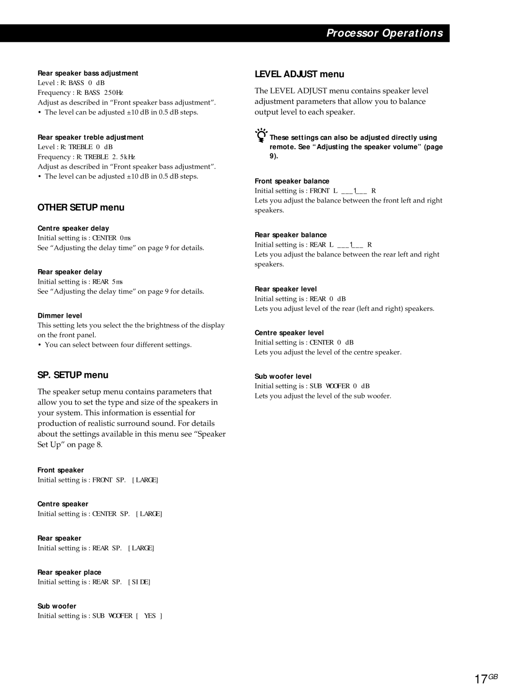 Sony SDP-E800 operating instructions 17GB, Other Setup menu, SP. Setup menu, Level Adjust menu 