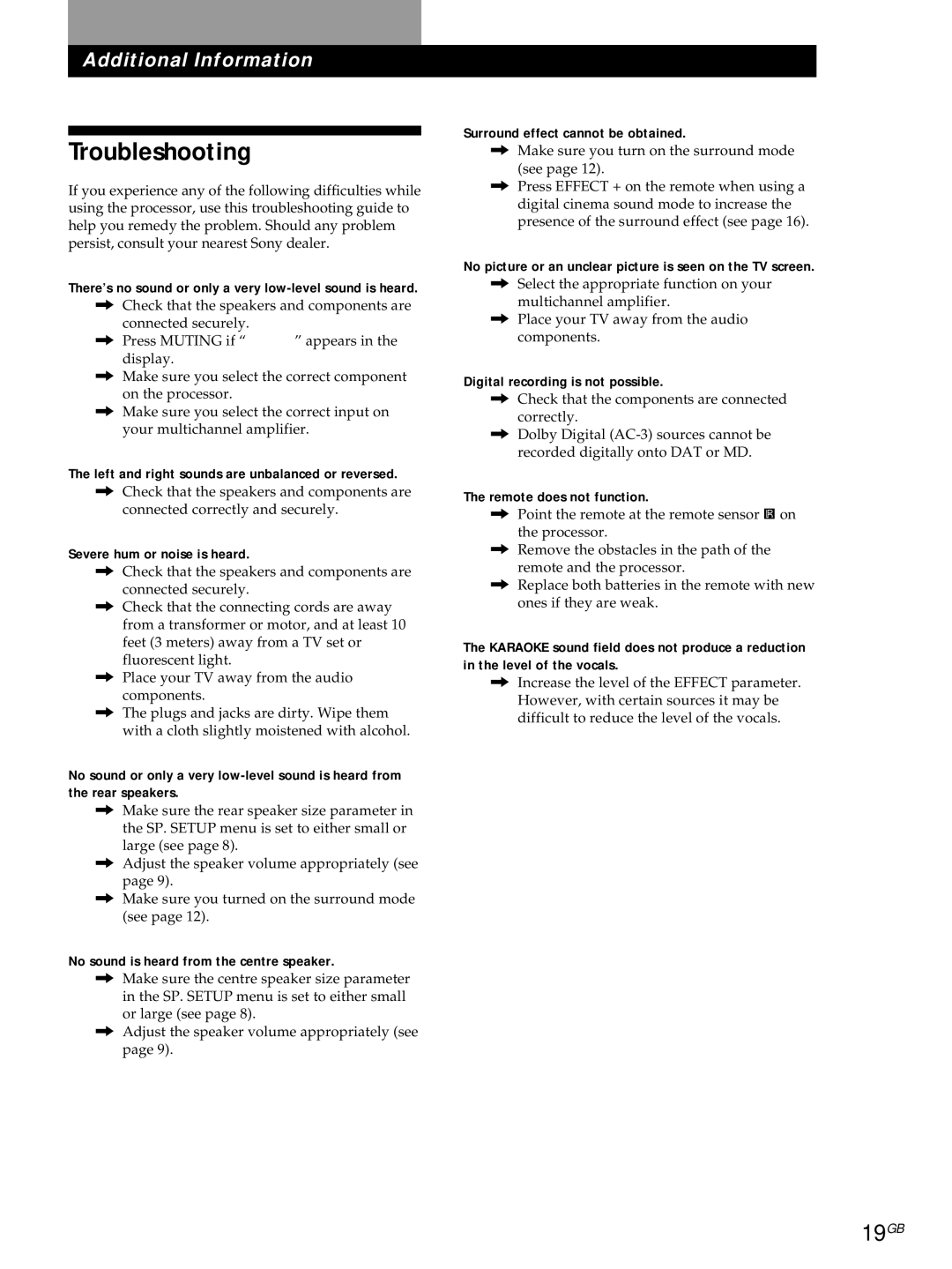 Sony SDP-E800 operating instructions Troubleshooting, 19GB 