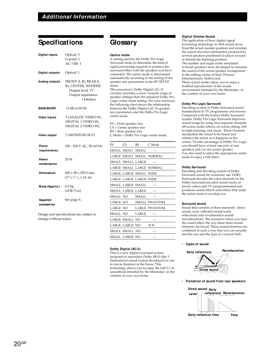 Sony SDP-E800 operating instructions Specifications Glossary, 20GB 