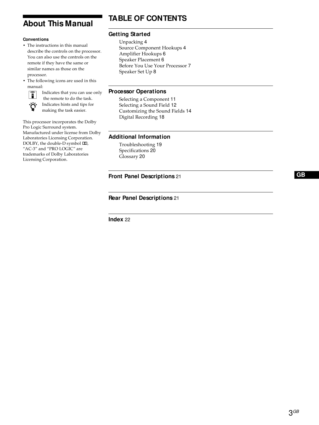 Sony SDP-E800 operating instructions About This Manual, Table of Contents 