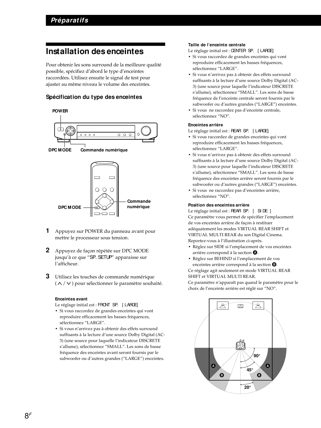 Sony SDP-E800 operating instructions Installation des enceintes, Spécification du type des enceintes 