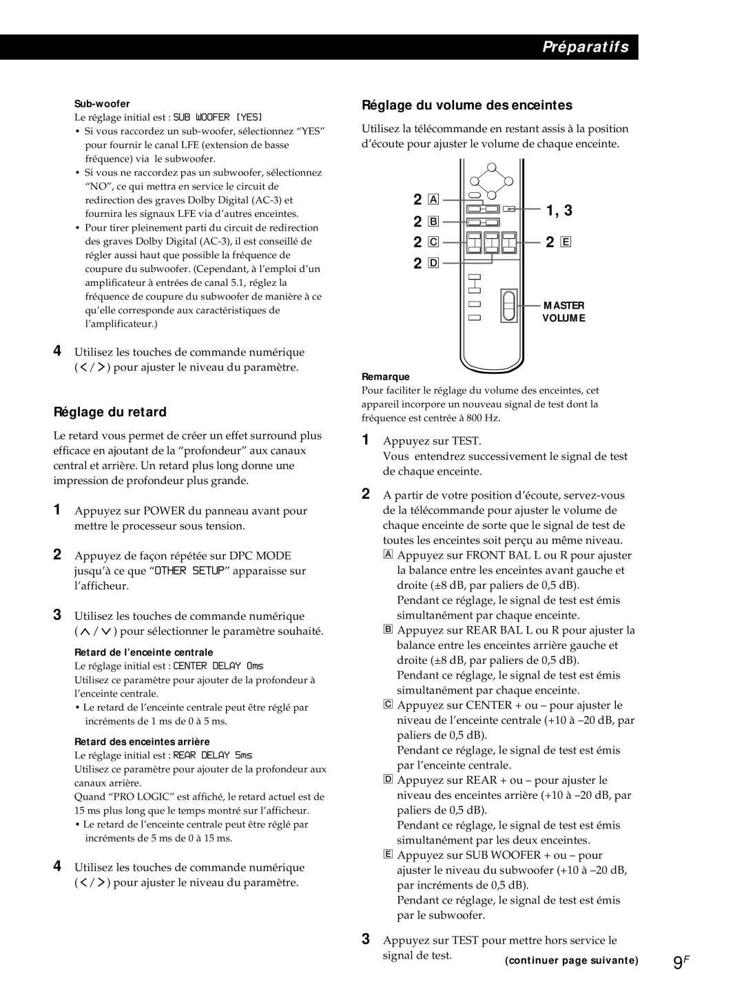 Sony SDP-E800 Réglage du volume des enceintes, Réglage du retard, Sub-woofer, Retard de l’enceinte centrale 